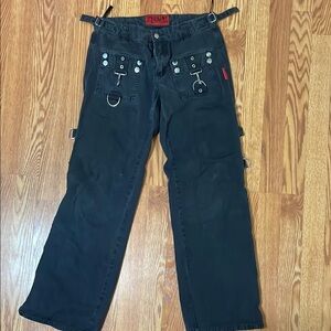 Black Low Rise Pants with Metal Accents